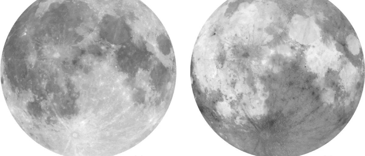 Maps of the lunar albedo A (on the left), and the maximum degree of polarisation (in %, on the right) at 0.650 μm, illustrating the Umov-effect. Albedo map from Velikodsky et al. (2011), reprinted with permission from Elsevier, and map from Jeong et al. (2015), reprinted with permission from the author